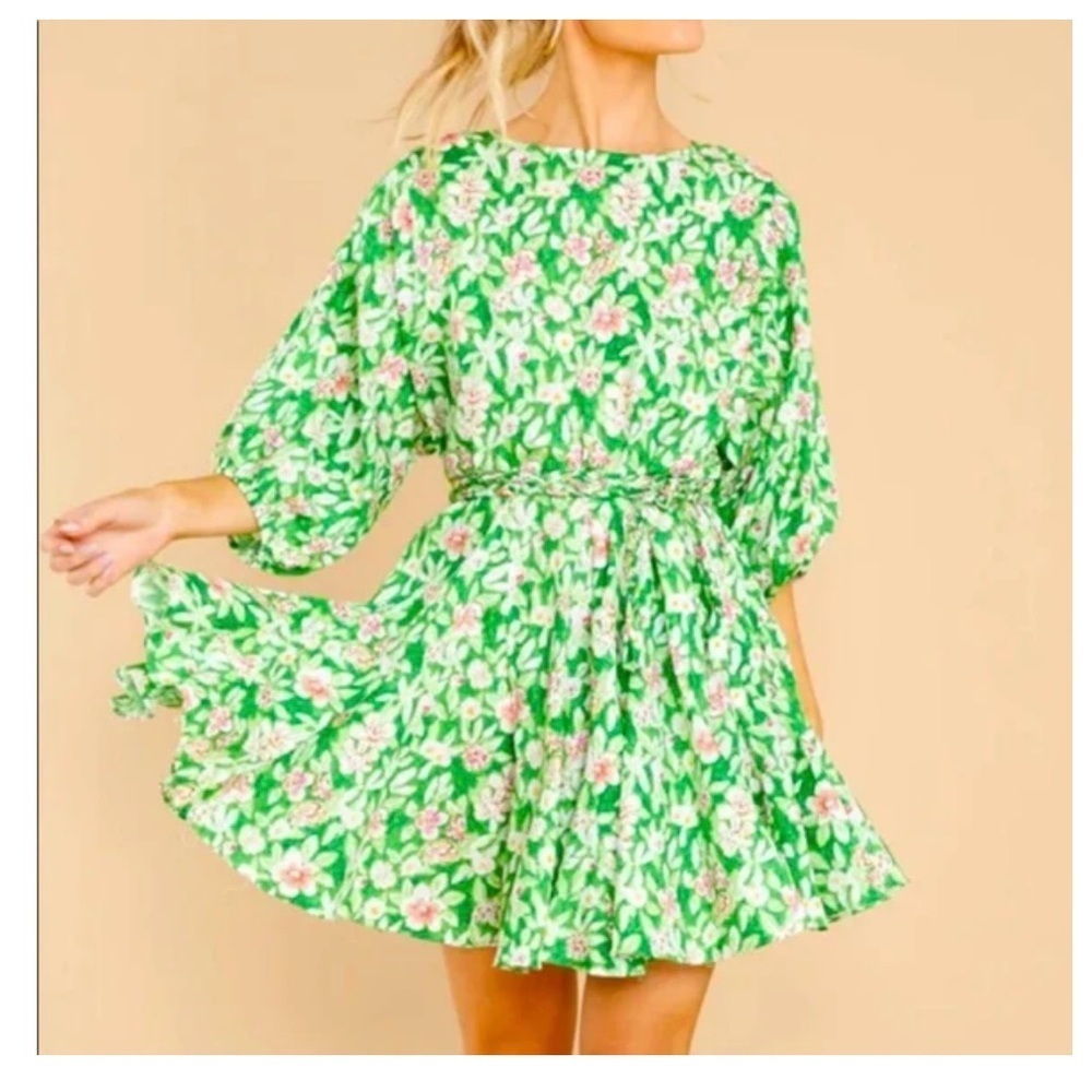 French violet boutique balloons sleeves Floral Green and Pink mini  Dress L